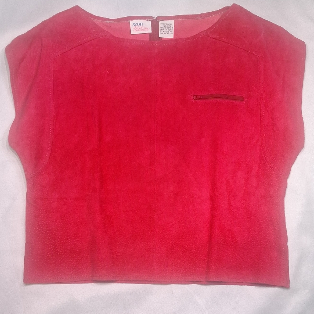 1980s Pink Red Suede Crop Top with Pocket Size 13 / 14  Large - XL